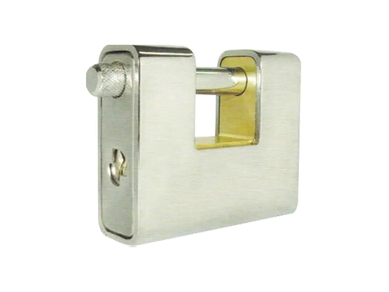 Armoured rectangular brass padlock